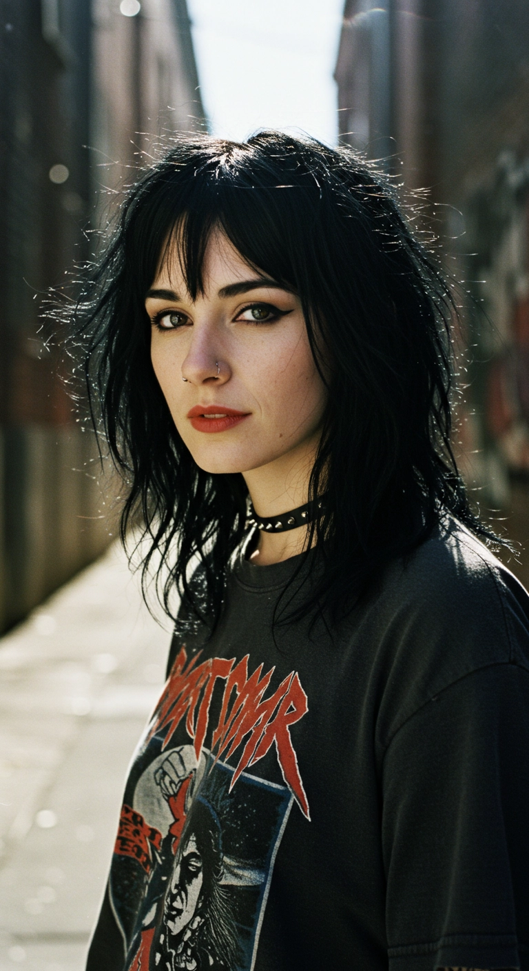 A woman with a black mid-length wolf cut featuring distinct face-framing tendrils.