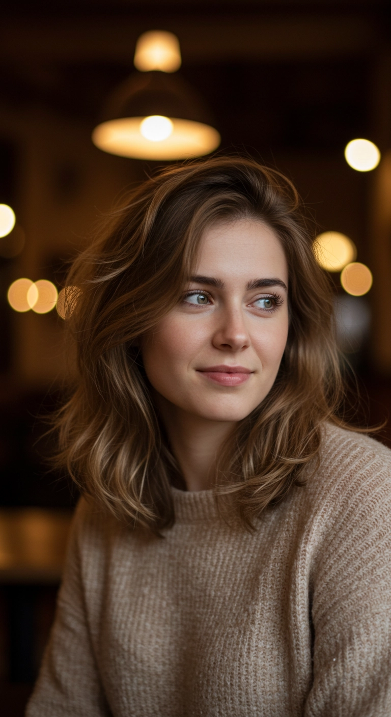 A woman with light brown mid-length hair and wispy, face-framing curtain bangs.