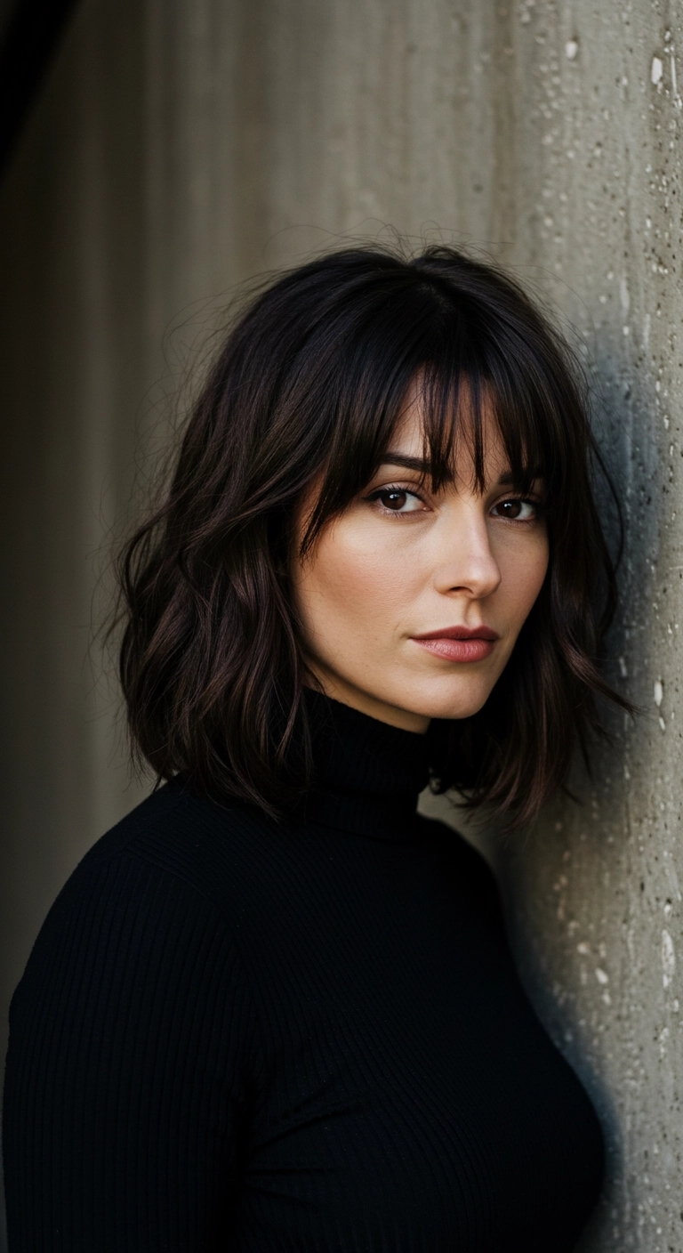 A woman with dark brown medium hair and bold, 90s-style chunky face-framing layers.