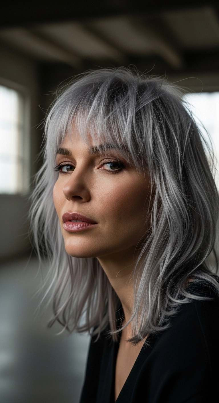 A woman with silver-grey mid-length hair and choppy, piecey face-framing layers.