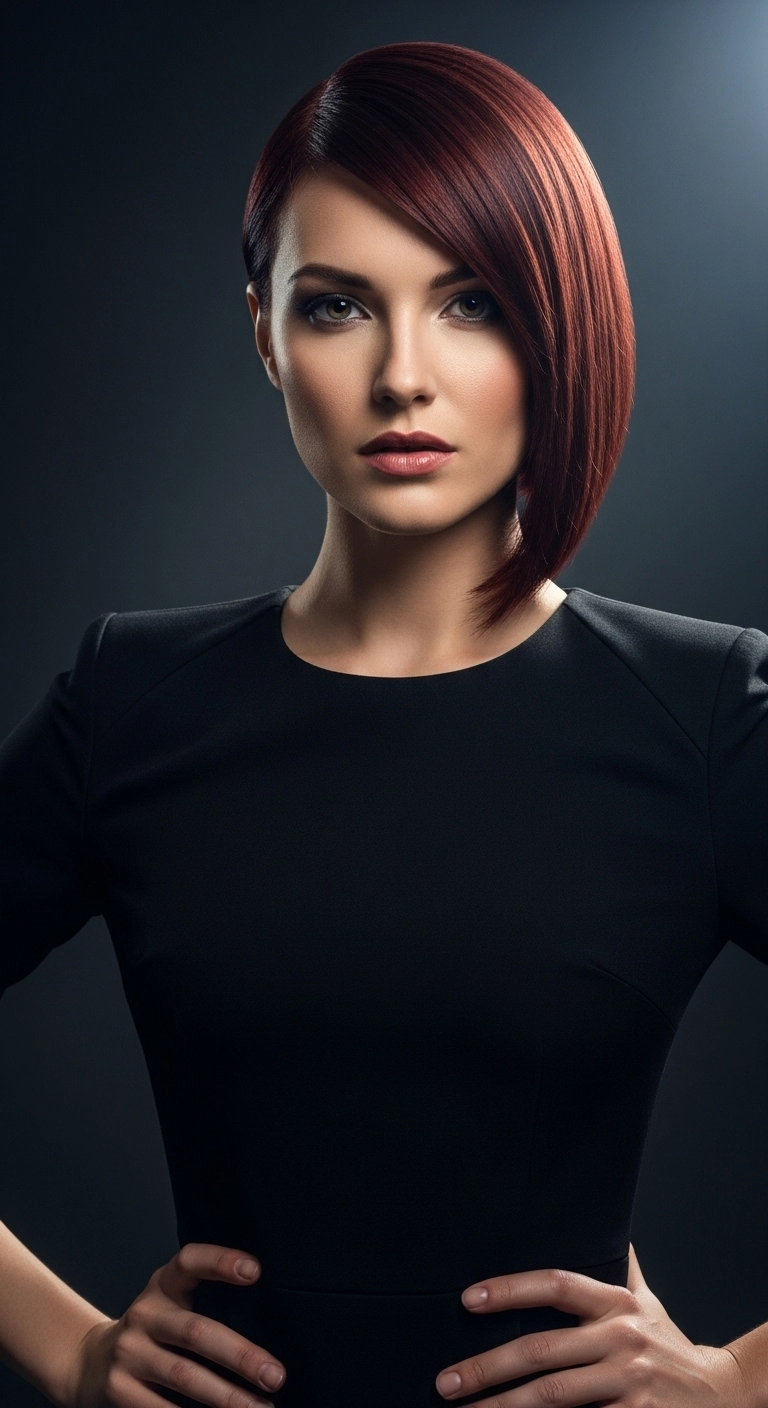 A woman with a sharp, asymmetrical auburn bob haircut looking powerful.