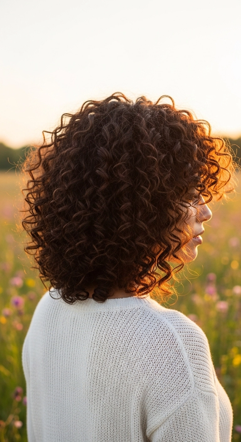 A view from behind of a woman with beautifully shaped, round-layered curly hair.