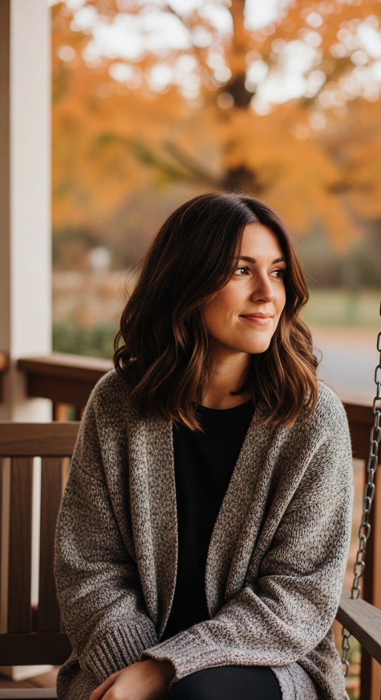 A relaxed woman with a soft, grown-out mid-length brunette haircut on a porch swing.