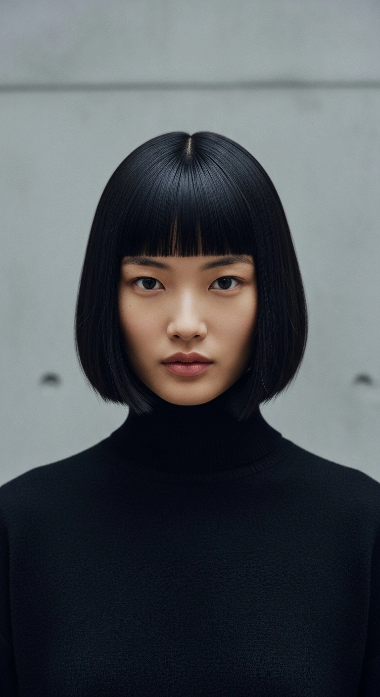 A woman with a sharp, chin-length black blunt bob looking confidently at the camera.