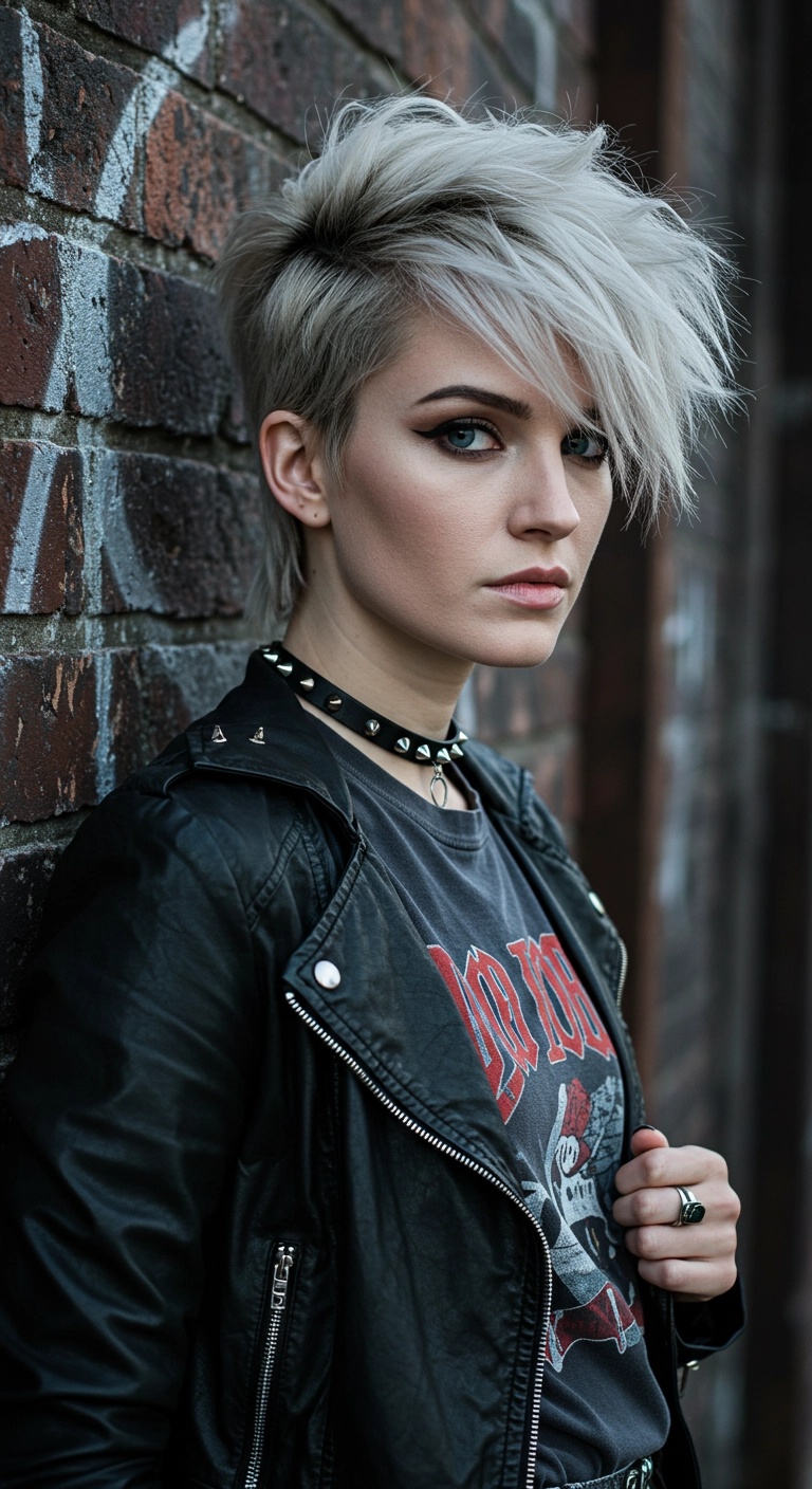 An edgy shot of a woman with a modern platinum blonde shullet haircut.