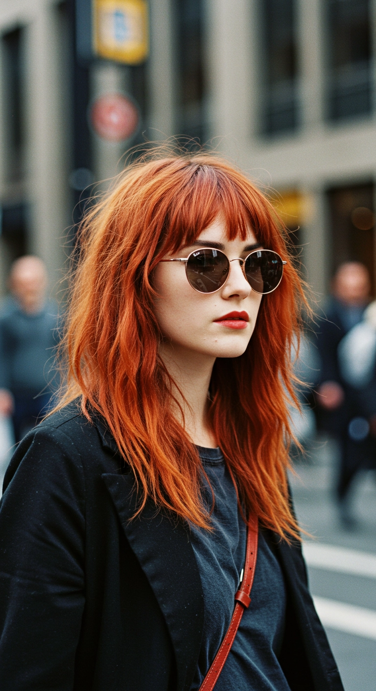 A stylish woman with a vibrant copper red wolf cut walking down a city street.