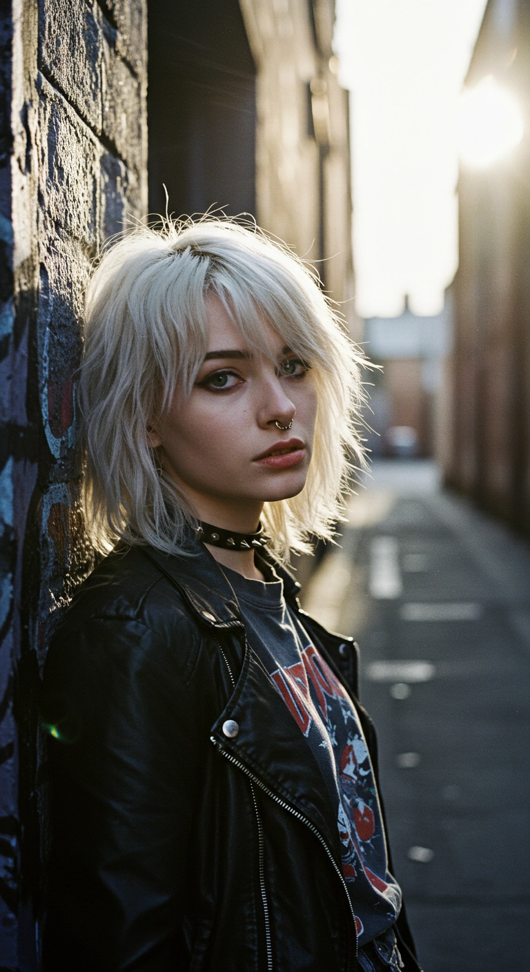 A woman with a platinum blonde soft mullet hush cut in an urban setting.