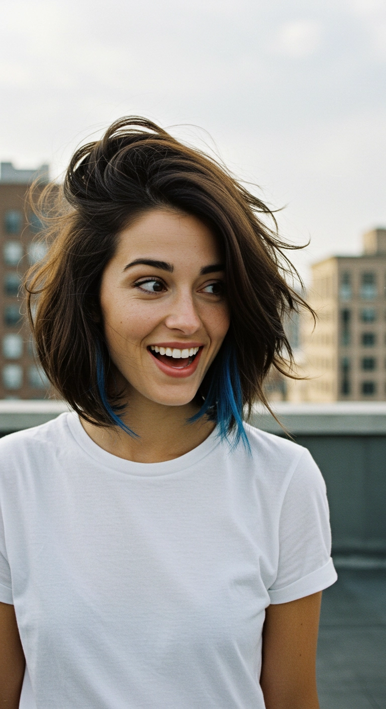 A woman's dark hush cut lifted by the wind to show electric blue peekaboo highlights.