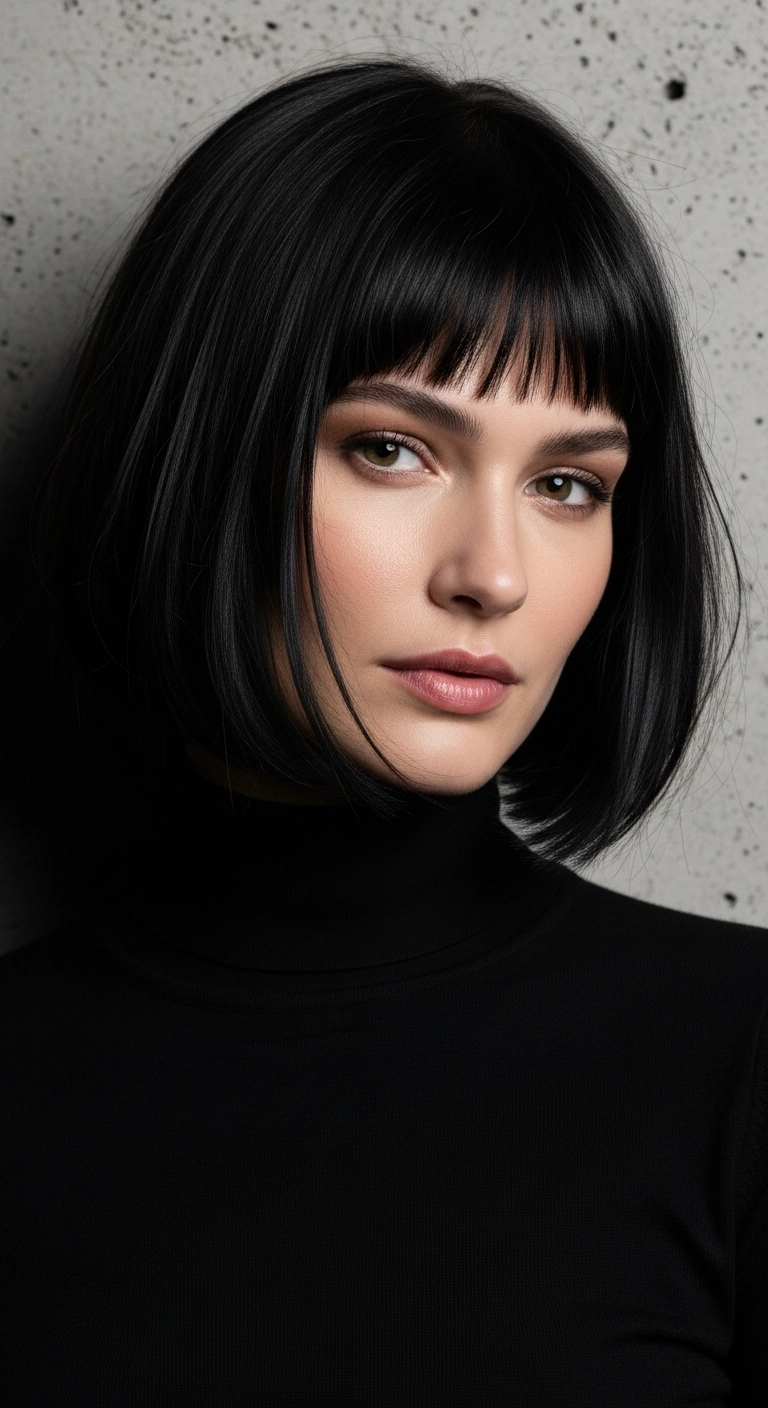 A chic woman with a short jet black hush cut bob.