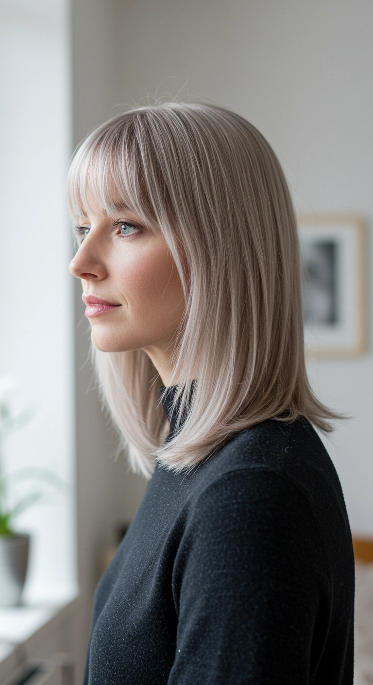 A woman with fine ash blonde hair styled in a volumizing hush cut.
