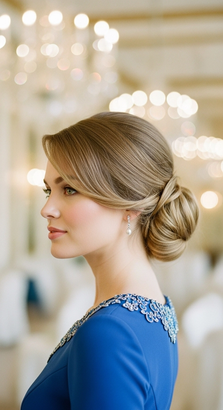 A woman with a sophisticated voluminous low chignon and side-swept bangs.