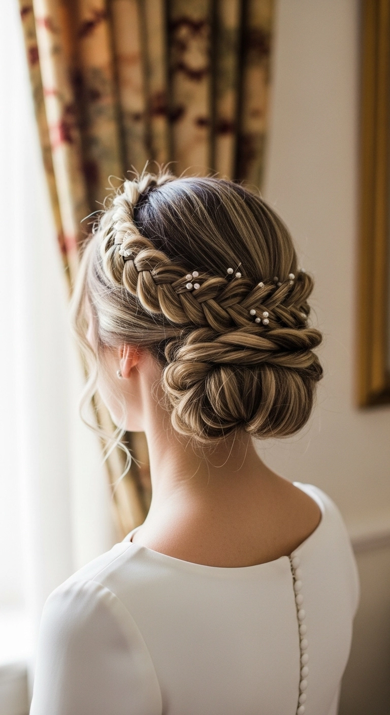 An elegant braided crown updo with pearl accents, ideal for ballroom dancing.