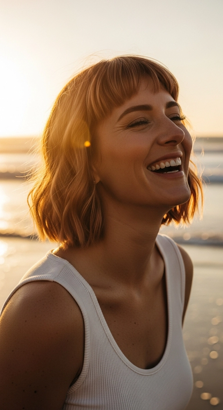 A happy woman with a wavy strawberry blonde bob and short baby curtain bangs on a beach at sunset.