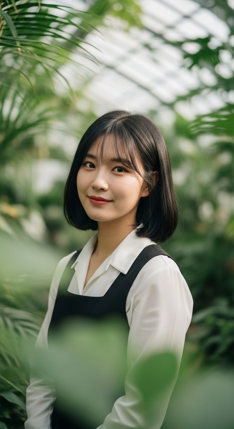 A woman with a soft A-line bob and airy, see-through bangs in a greenhouse.
