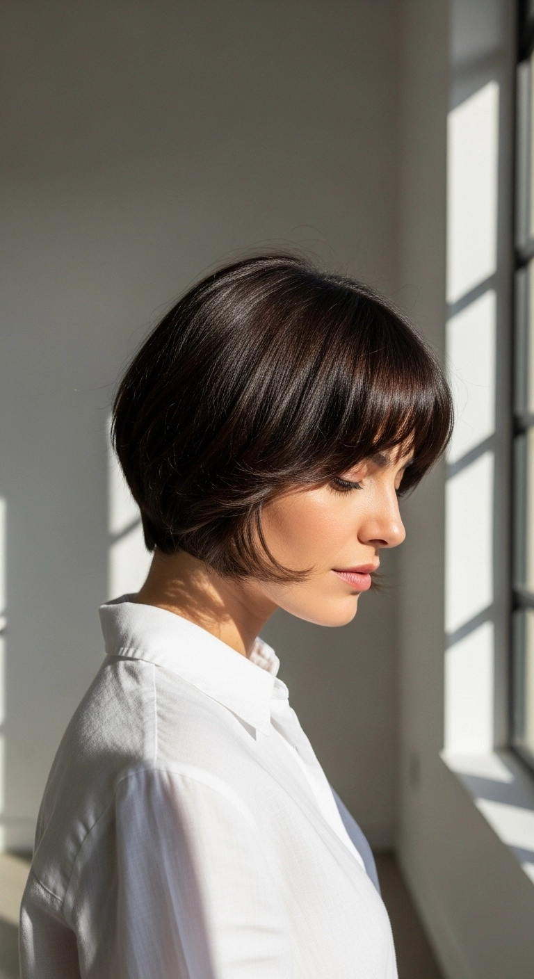 A woman with a dark brown bixie cut and soft, feathery bangs in a sunlit loft.