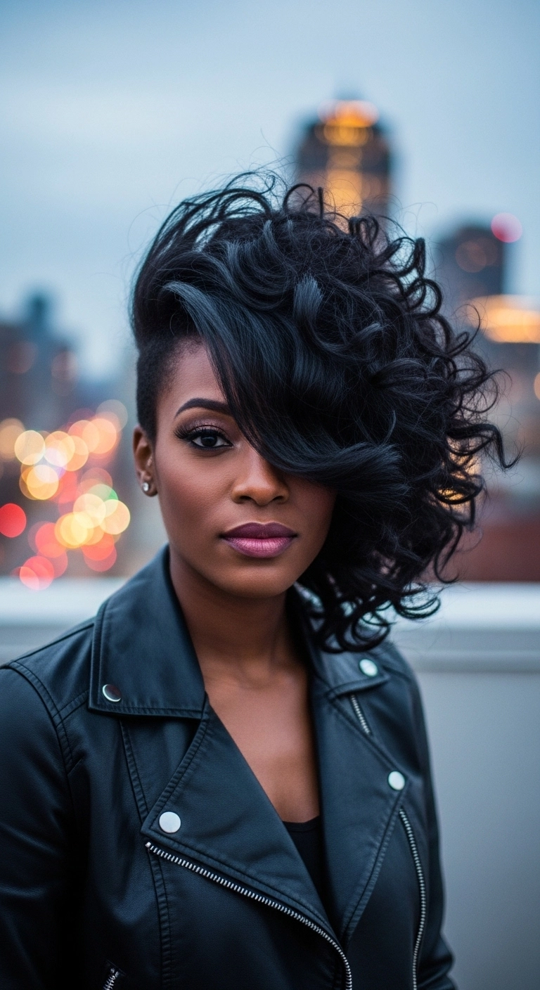 A Black woman with a voluminous blowout and a dramatic side-swept fringe.