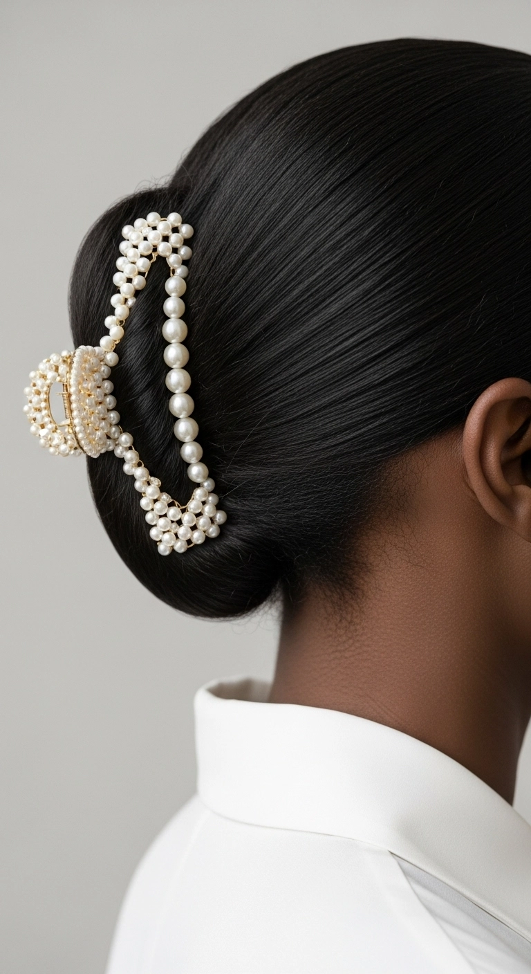 A close-up on a Black woman's sleek blown-out hair, styled with a large pearl statement clip on the side.