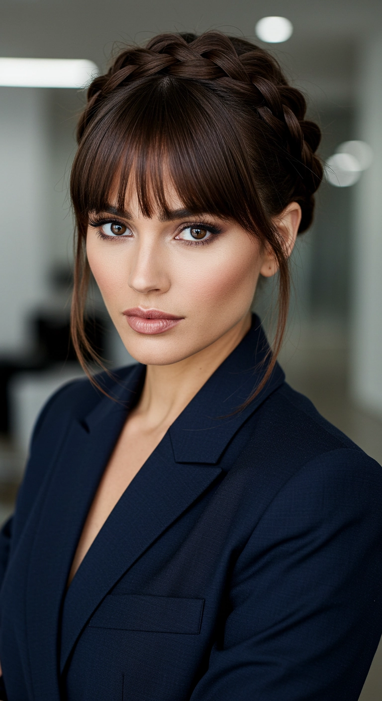 A woman with sleek dark hair in a perfectly neat and polished braided crown.