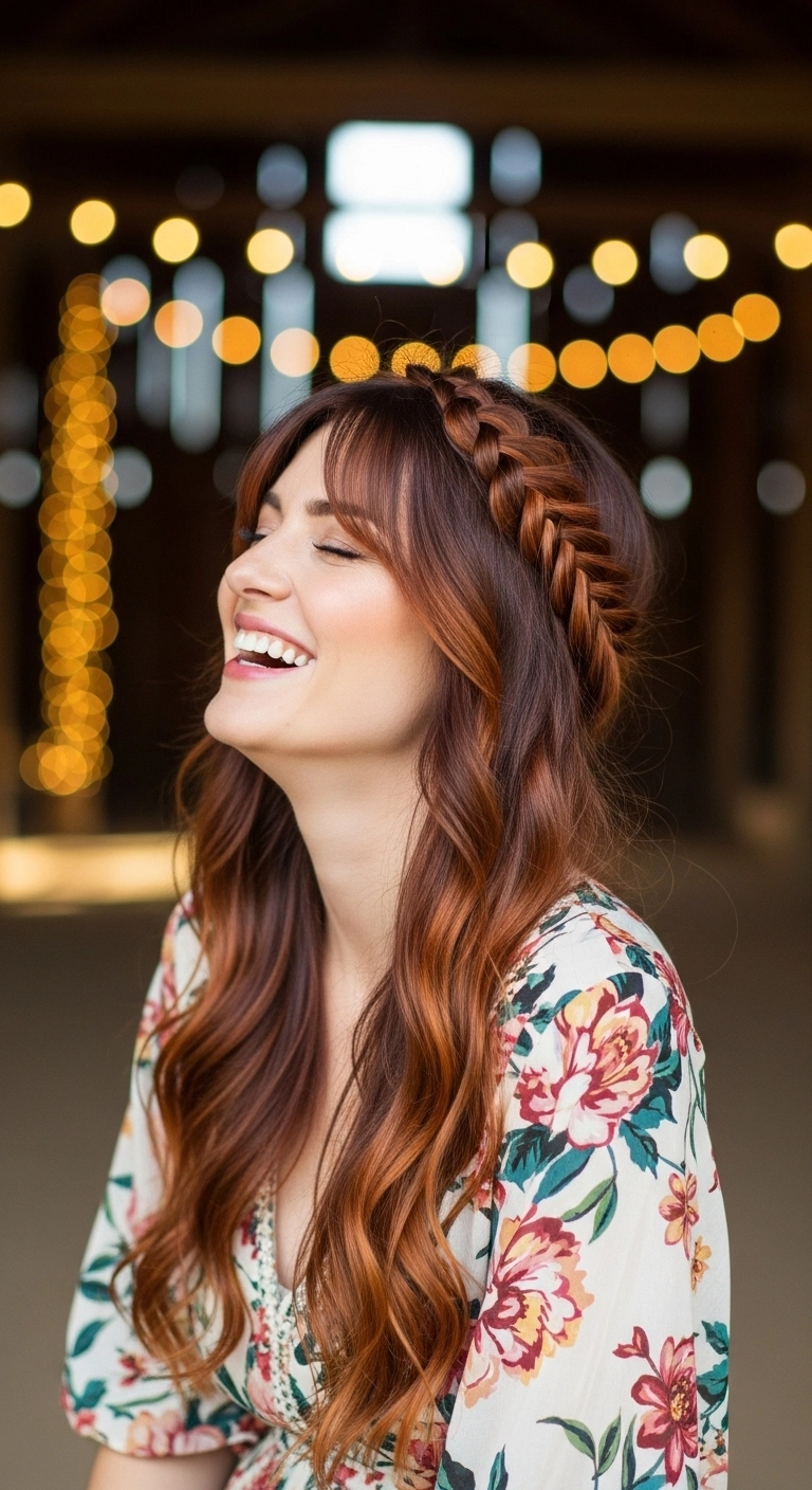 A woman with long wavy auburn hair in a messy fishtail braided crown.