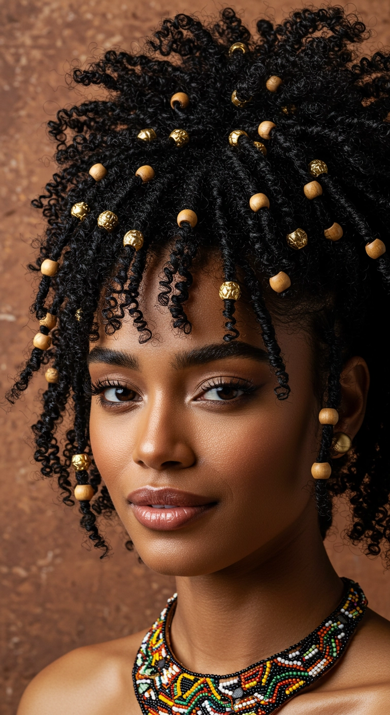 A creative braided crown on coily hair, adorned with small gold and wooden beads.