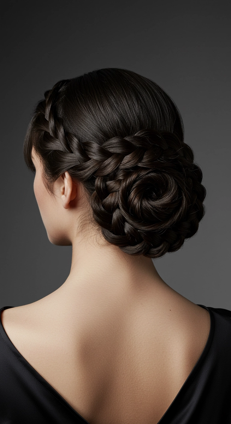 An intricate upside-down braid leading into a braided bun at the crown of the head.