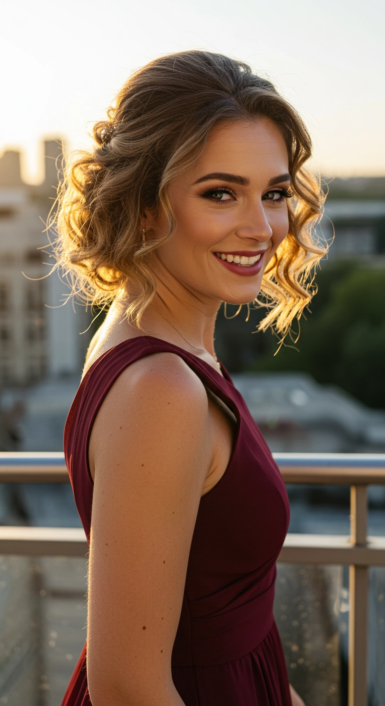 A bridesmaid with medium-length brown hair styled in glamorous side-swept curls.