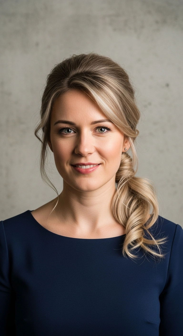A bridesmaid with medium-length blonde hair styled in an elegant textured low ponytail.