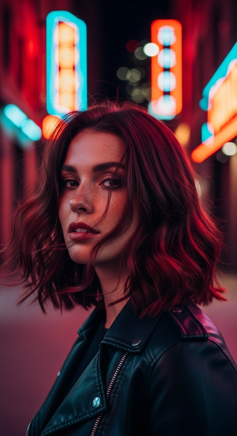A stylish woman with vibrant cherry cola wavy hair posing in a neon-lit city alley at night.