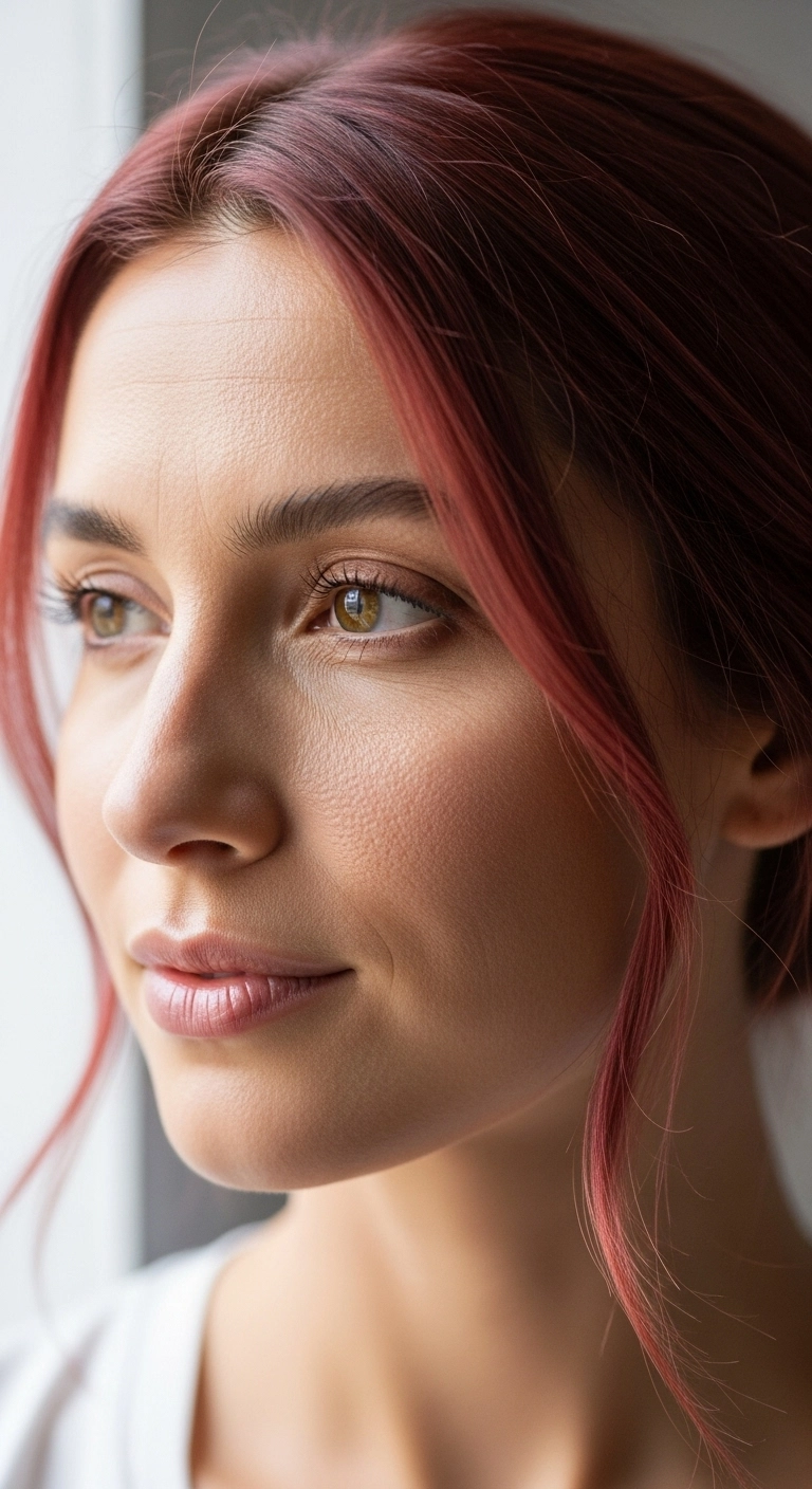 A close-up of a woman's toasted almond brown hair featuring fine cherry-red babylights.