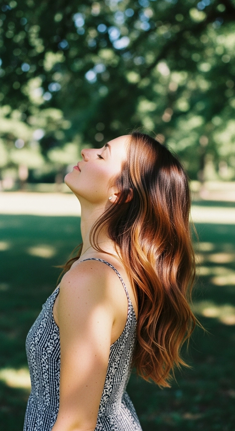A woman in a park with long brown hair and sun-kissed auburn highlights.