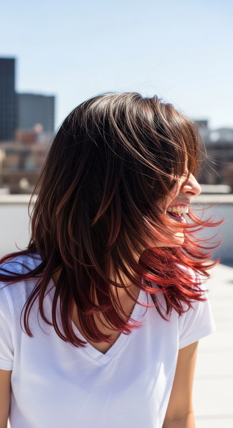 A laughing woman with long, dark chocolate brown hair with spicy cayenne red undertones.