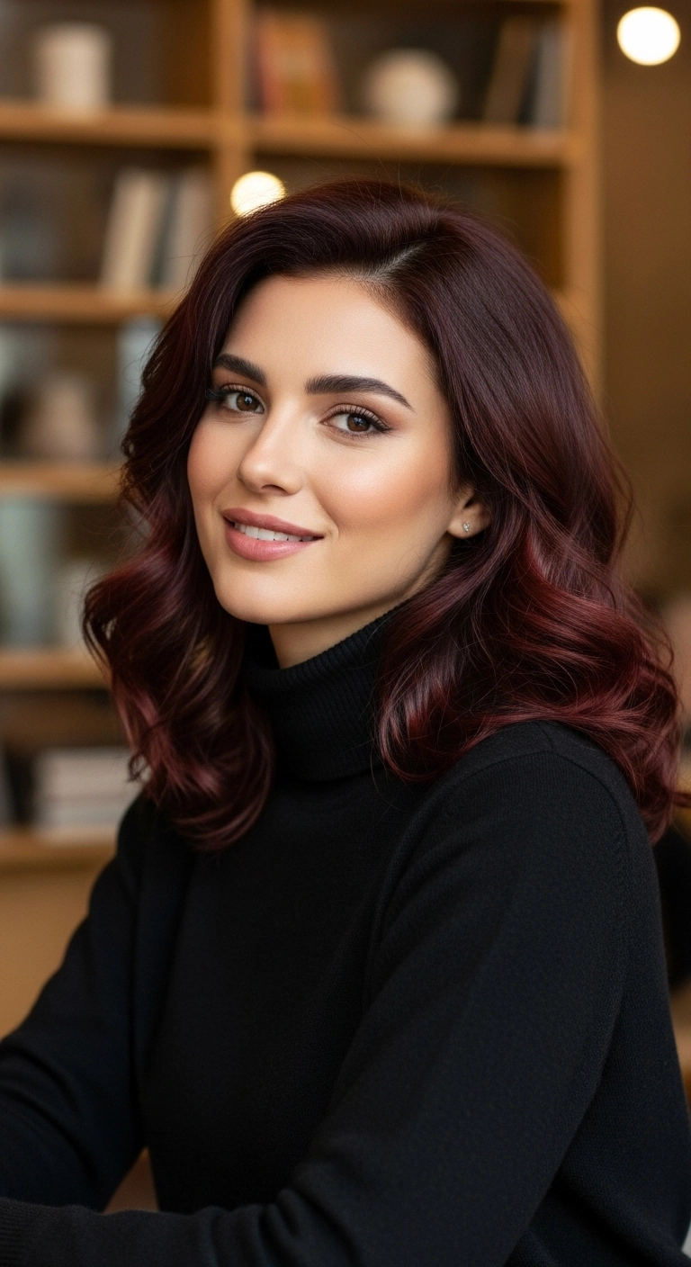 A woman with deep mahogany brown wavy hair smiling gently in a cozy cafe setting.