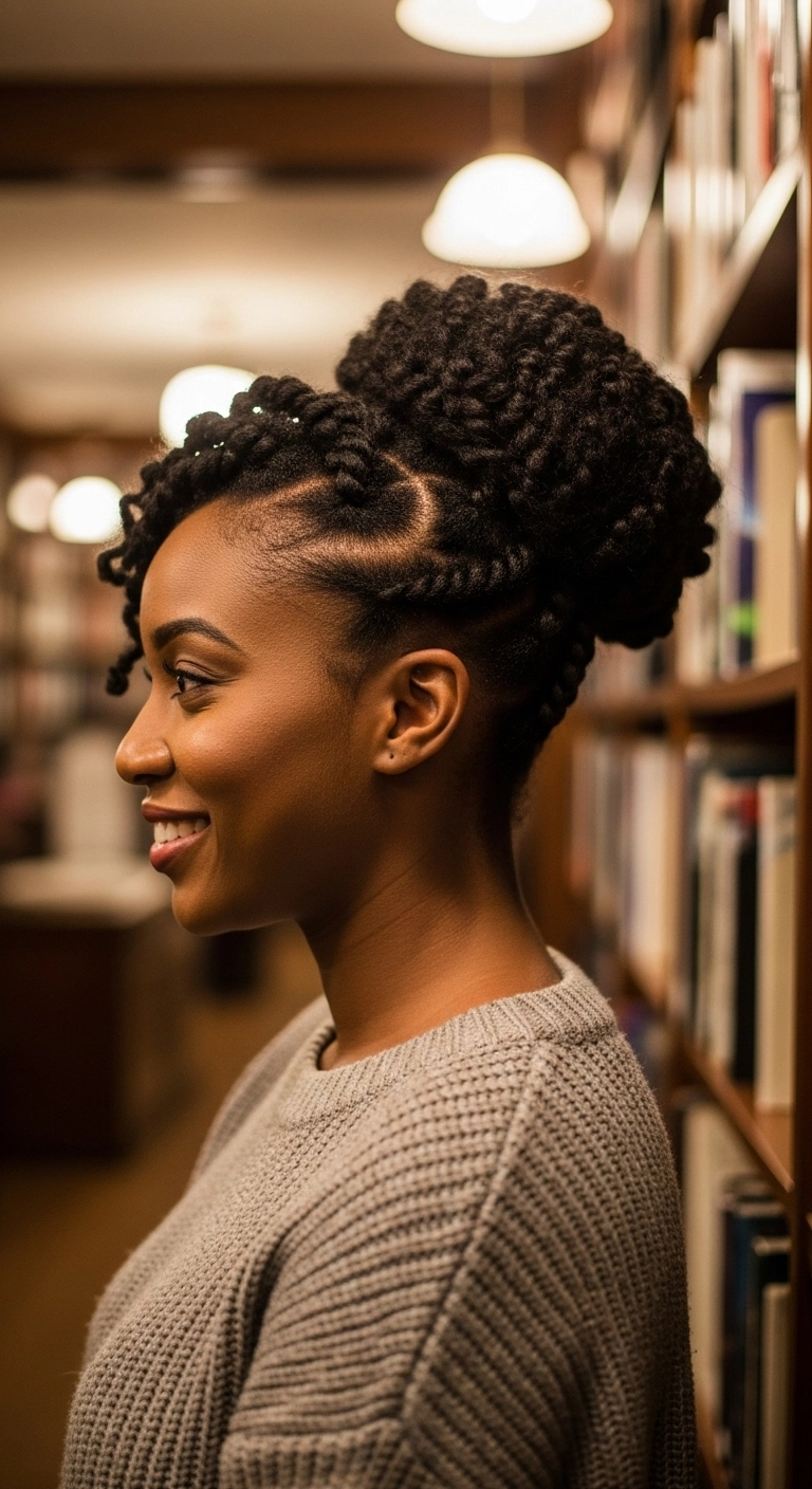 A Black woman with her natural hair styled in a voluminous twisted side bun