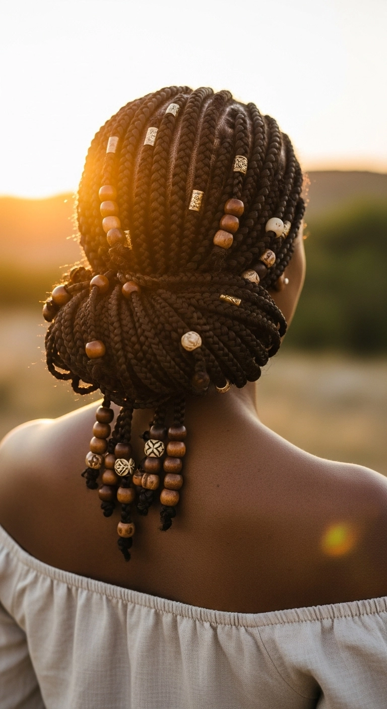 The back of a Black woman's head showing Fulani braids styled into a low bun