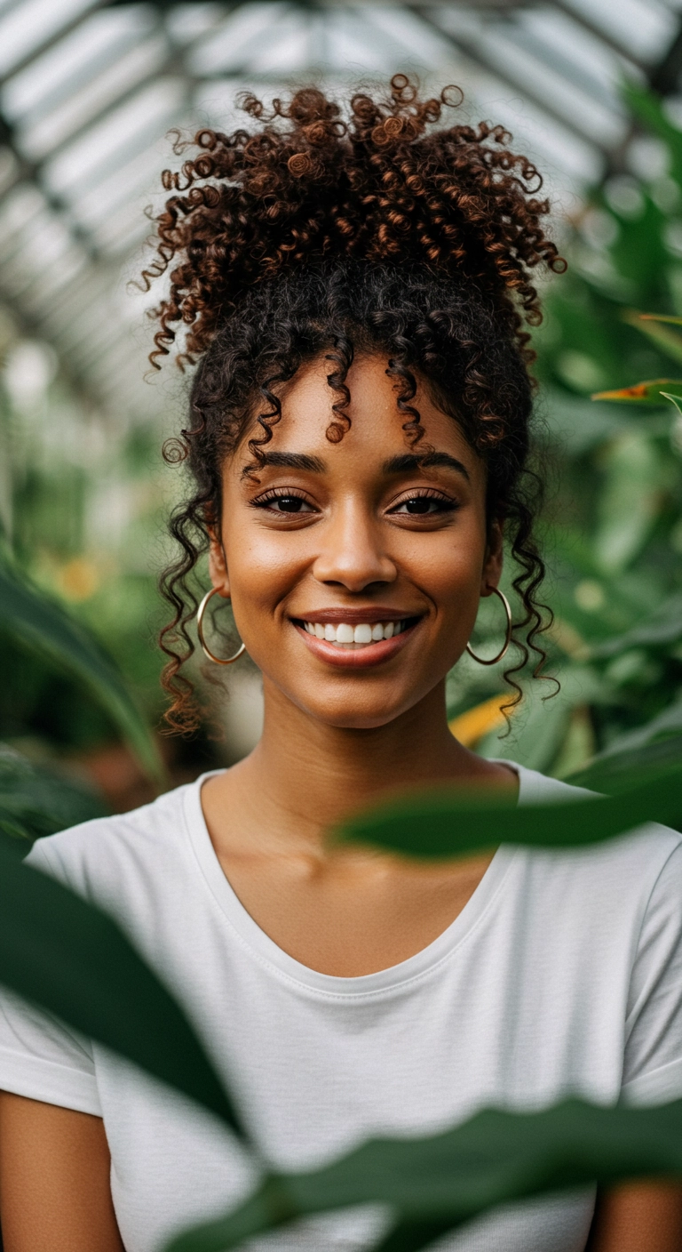 A Black woman with a messy bun and curly bangs