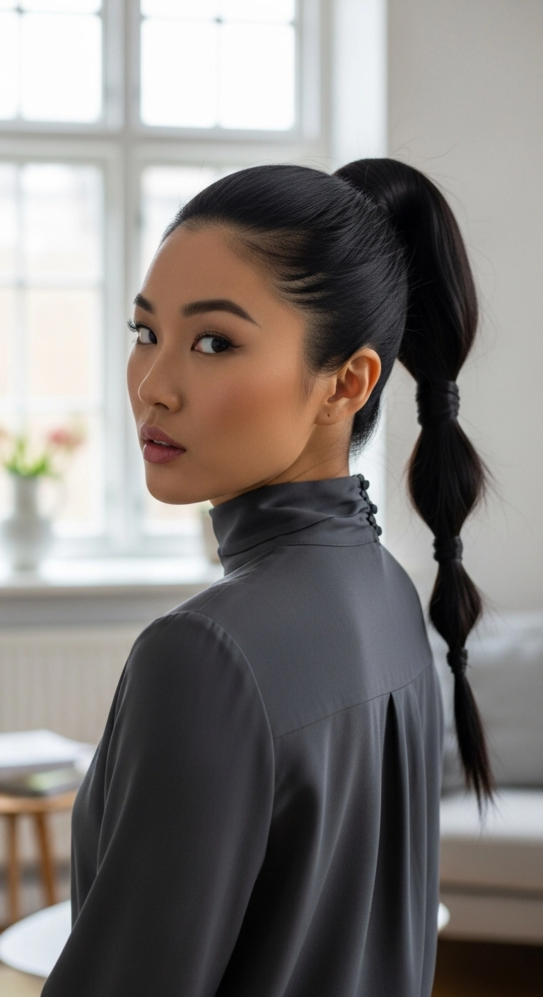 A woman with long, straight black hair in a polished high ponytail with a hair wrap
