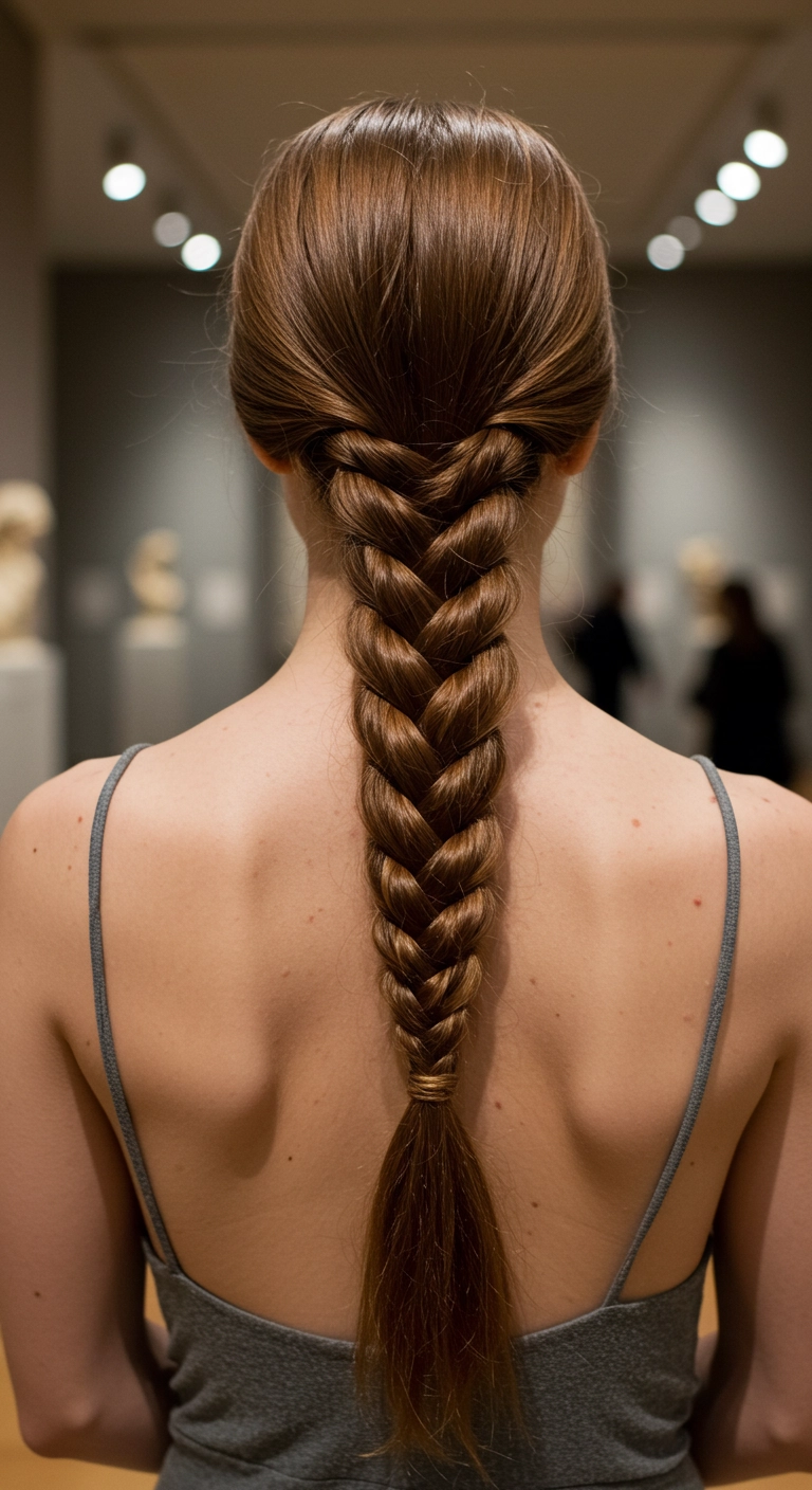 A back view of a woman's long, thick hair in a sleek and elegant rope braid