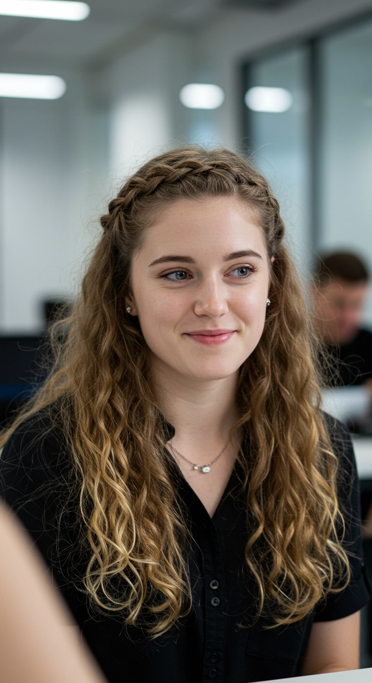 A woman with long curly hair featuring a cute and practical braided headband