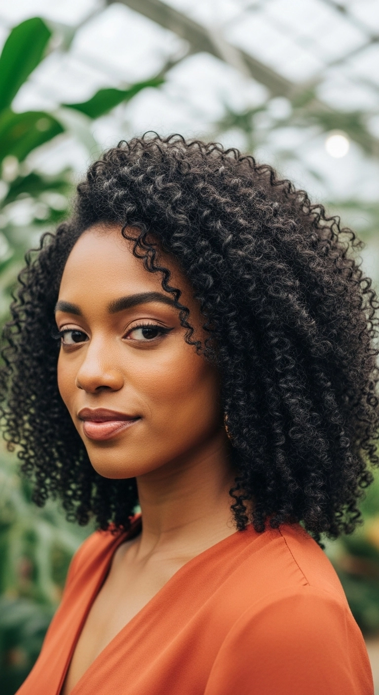 A Black woman with beautifully defined, healthy shoulder-length natural curls