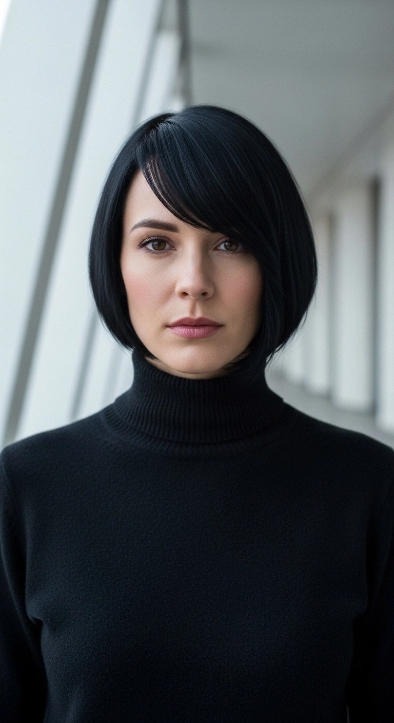A woman with a modern and sharp jet black asymmetrical bob haircut