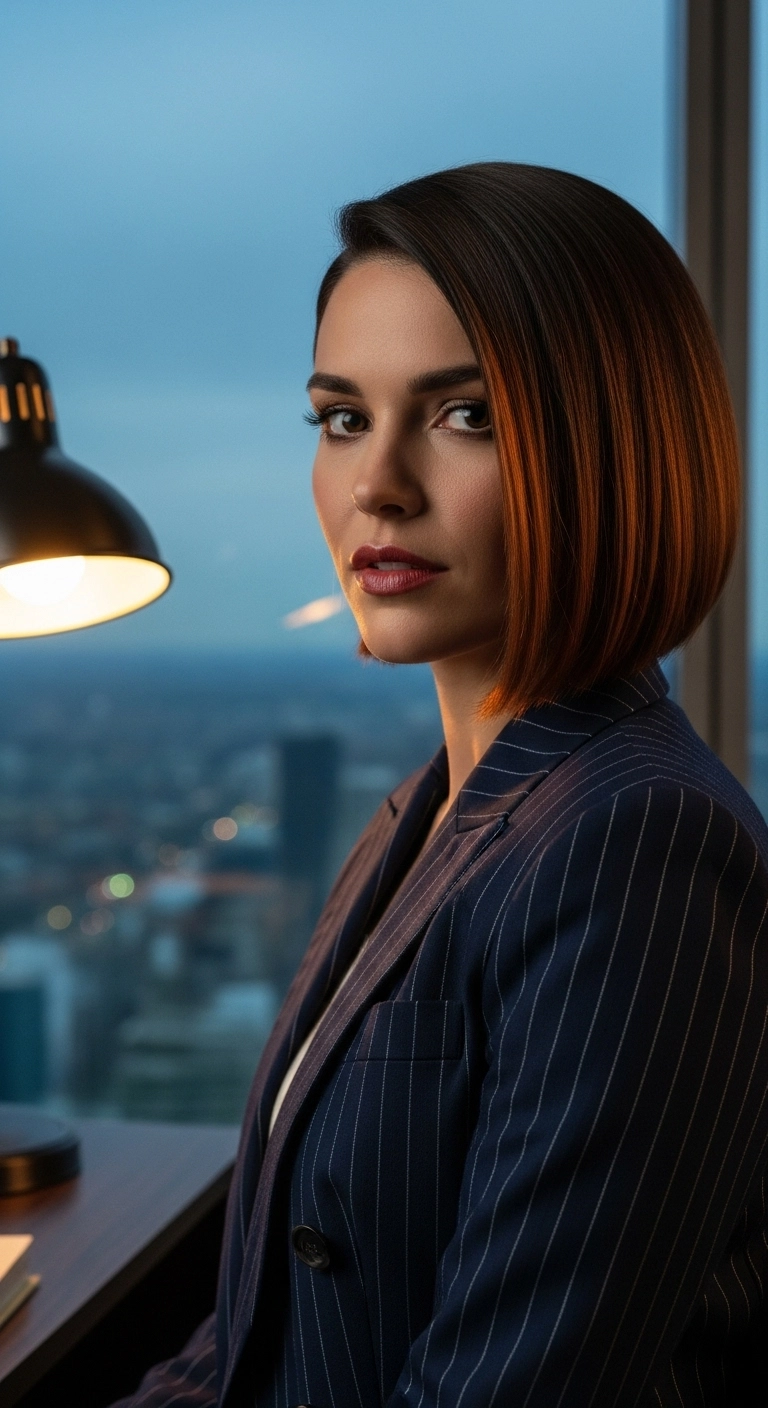 A woman with a powerful and chic side-swept dark brown bob haircut