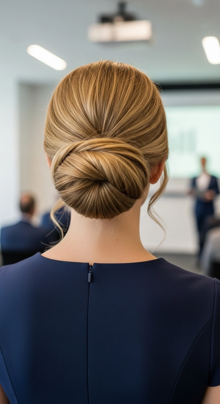 A back view of a woman with a perfectly executed elegant low chignon