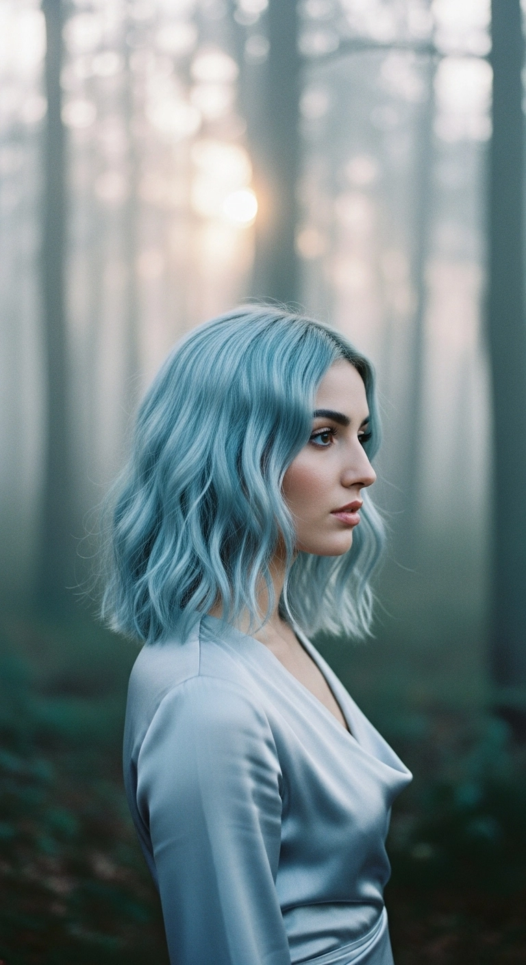 woman with shoulder-length wavy hair in an icy blue color