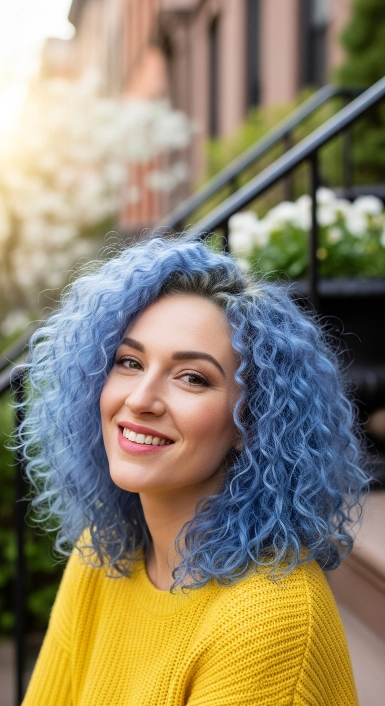 woman with defined curly hair in a periwinkle blue color