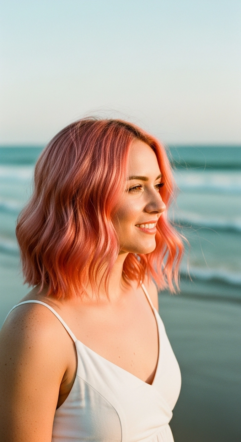 woman with wavy coral pink hair on a beach