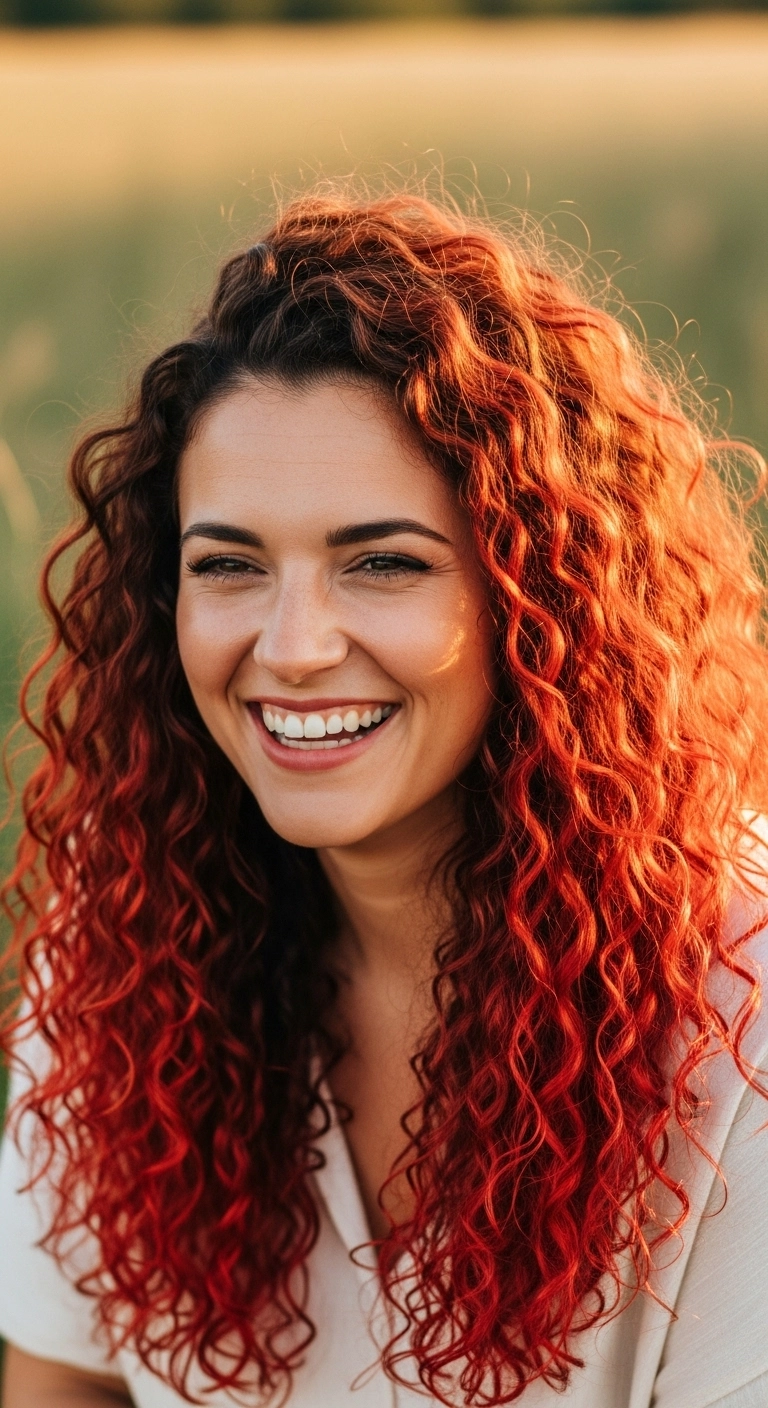 woman with long curly hair in a fiery blend of copper and red