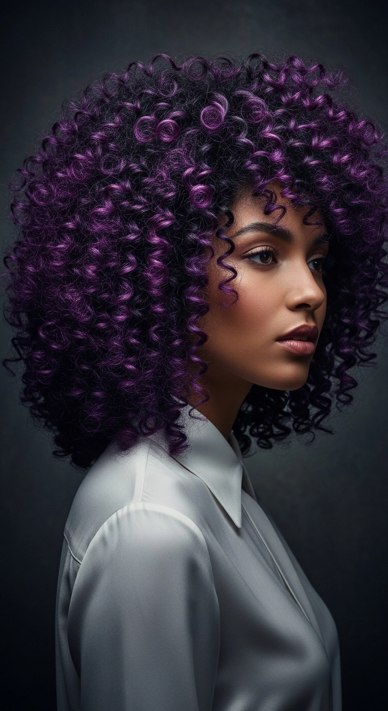 woman with curly black hair and amethyst purple balayage