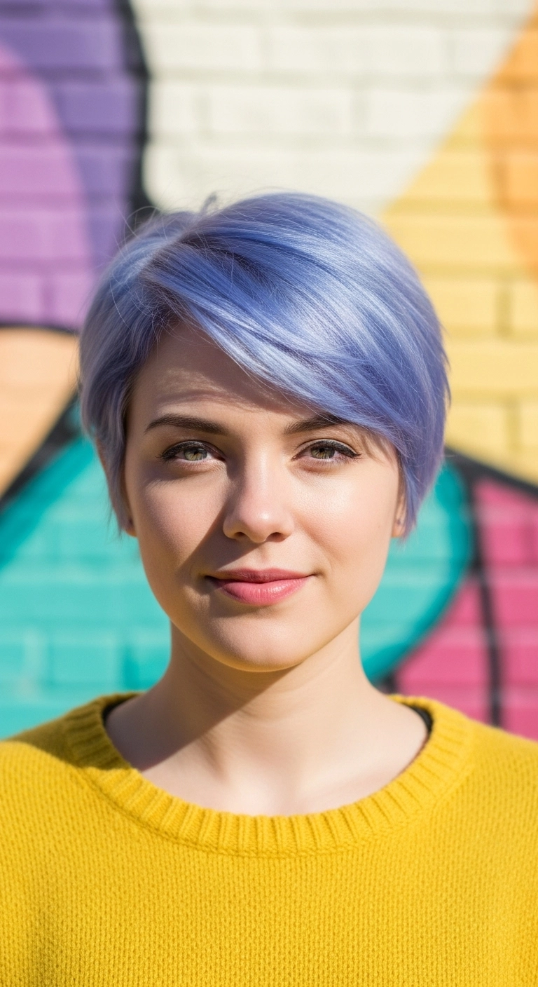 A woman with a bright periwinkle blue pixie cut smiling in front of a colorful mural.