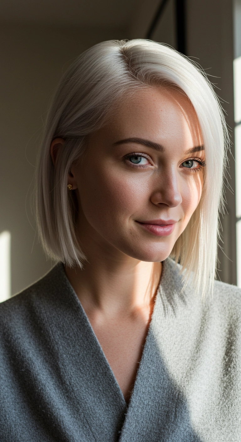A woman with a sleek platinum blonde bob, with one side elegantly tucked behind her ear.