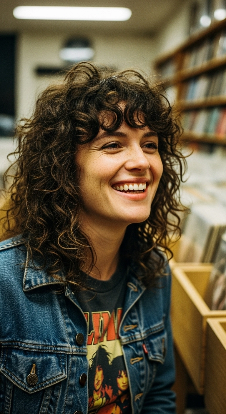 A woman with pale skin and a curly dark brown shag haircut smiling in a record store.